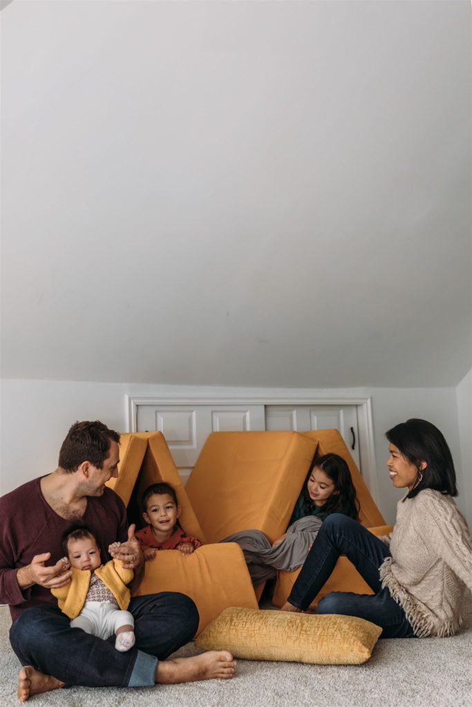 Family of five in kids playroom, In Home lifestyle Photoshoot, NYC Westchester County Family Photography